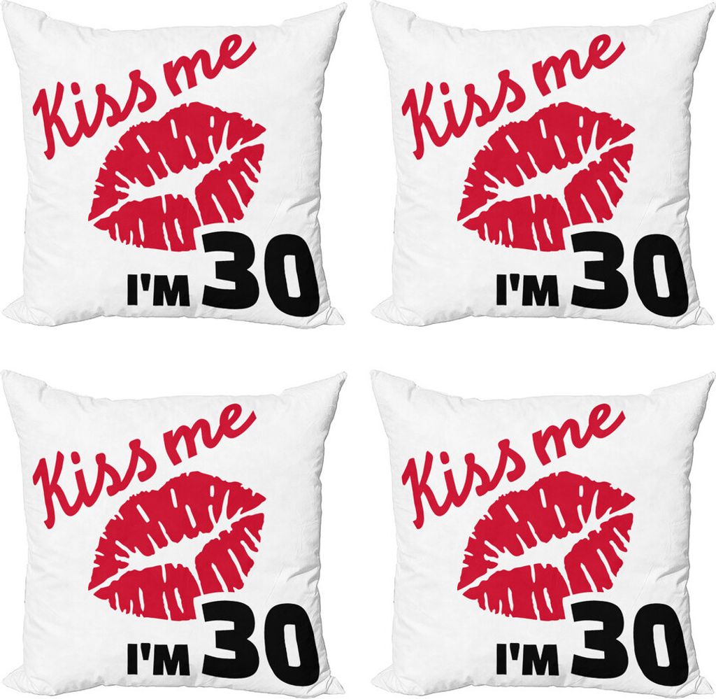 ABAKUHAUS 30. Geburtstag Kissenbezug Set (4 Stück), 30. Geburtstags-Kuss, Moderner Doppelseitiger Digitaldruck, 50 cm x 50 cm, Weiß Schwarz und Rot