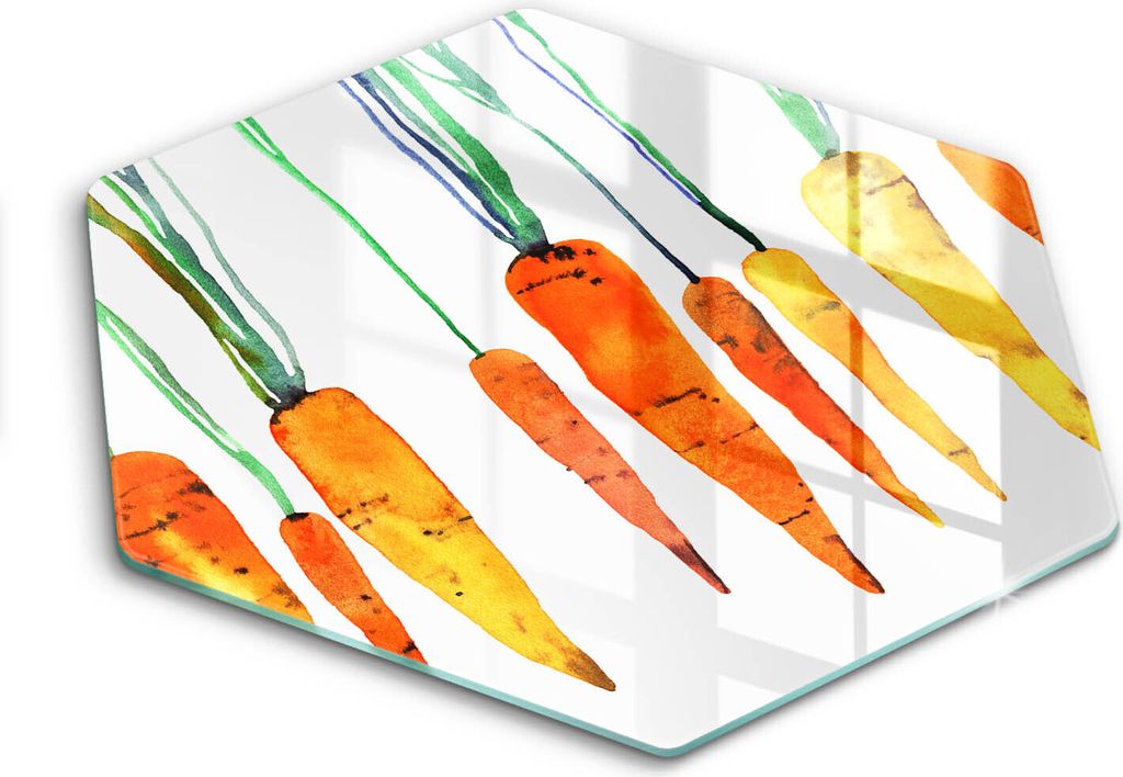 Glasschneideplatte - Herdabdeckplatte - Hexagon 40 cm -Schneidebrett - Spritzschutz - Karottenillustration