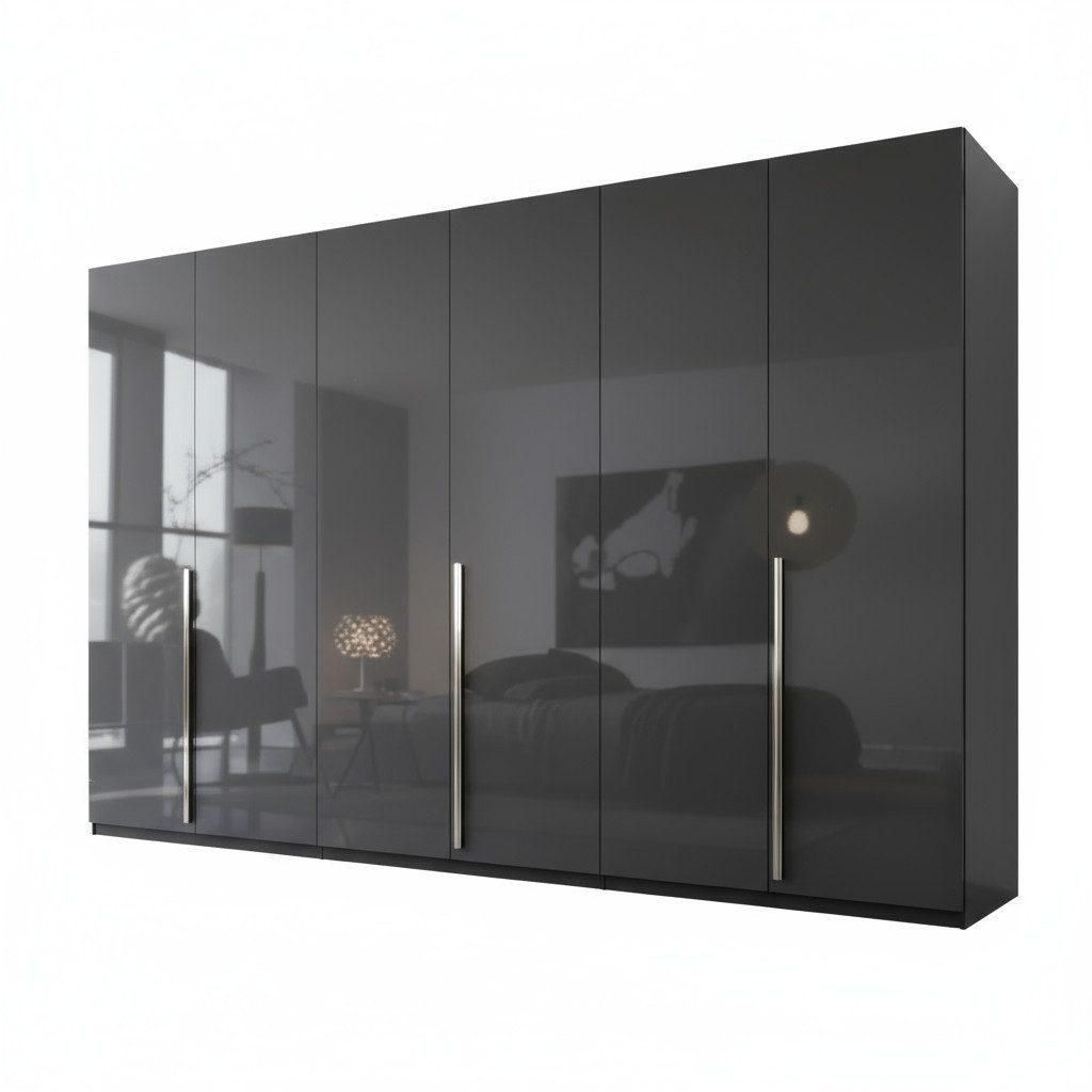 Kleiderschrank Prince 6‐türig Hochglanz Griffe in chromfarben (Spar-Set) Maße ca.: Breite: 300cm /Tiefe: 62cm /Höhe: 218cm Farbe: Anthrazit H...
