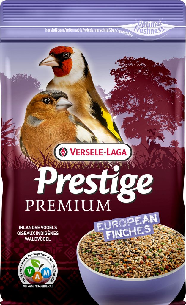 A bag of birdseed with two finches depicted on the front.