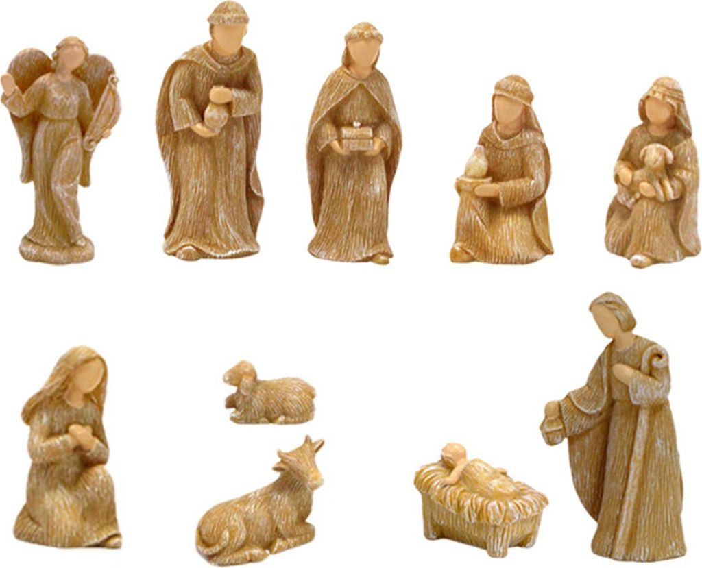 Weihnachtskrippen-Set für die Innendekoration, 10-teilig, aus Kunstharz, mit Krippe, Engel, Figuren der Heiligen Familie, Tischdekoration