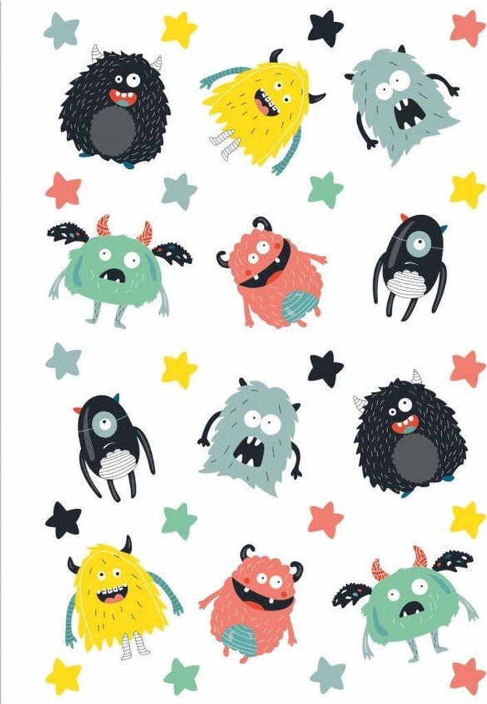 A collection of colorful, cartoon-like monsters scattered across a white background with small star shapes.