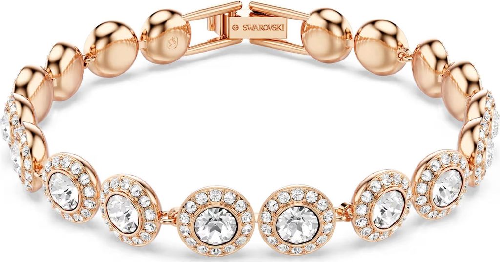 A rose gold bracelet with clear crystals is displayed on a white background.