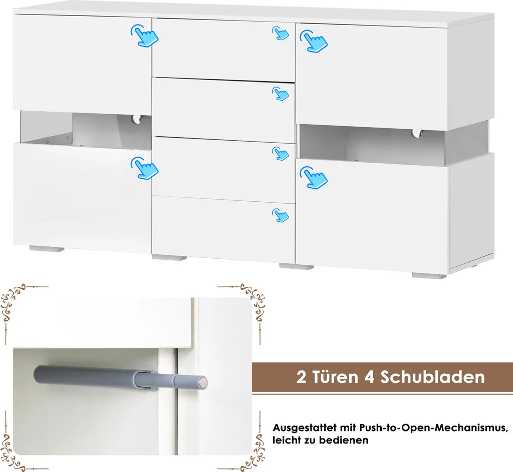 Commode LED 16 Couleurs Grand Rangement Buffet Bas Blanc Brillant - 6