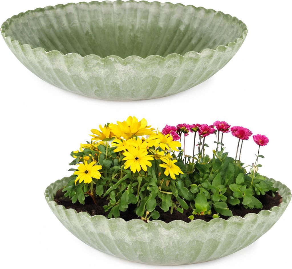 Runde Pflanz-Schalen gewellt für draussen grün marmoriert 35 cm