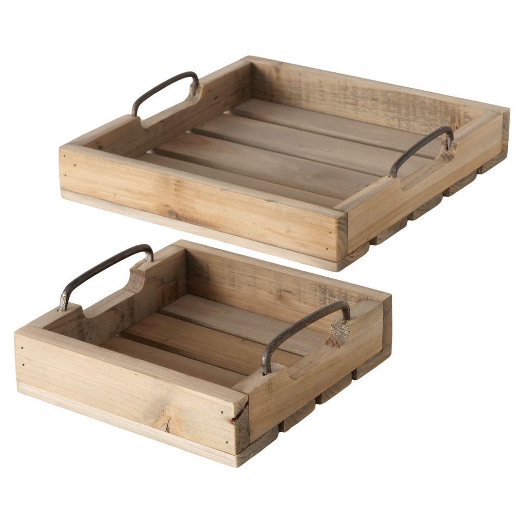 Dekotablett Serviertablett Holztablett braun 30 cm Holz Metallgriff dekorativ 2er Set