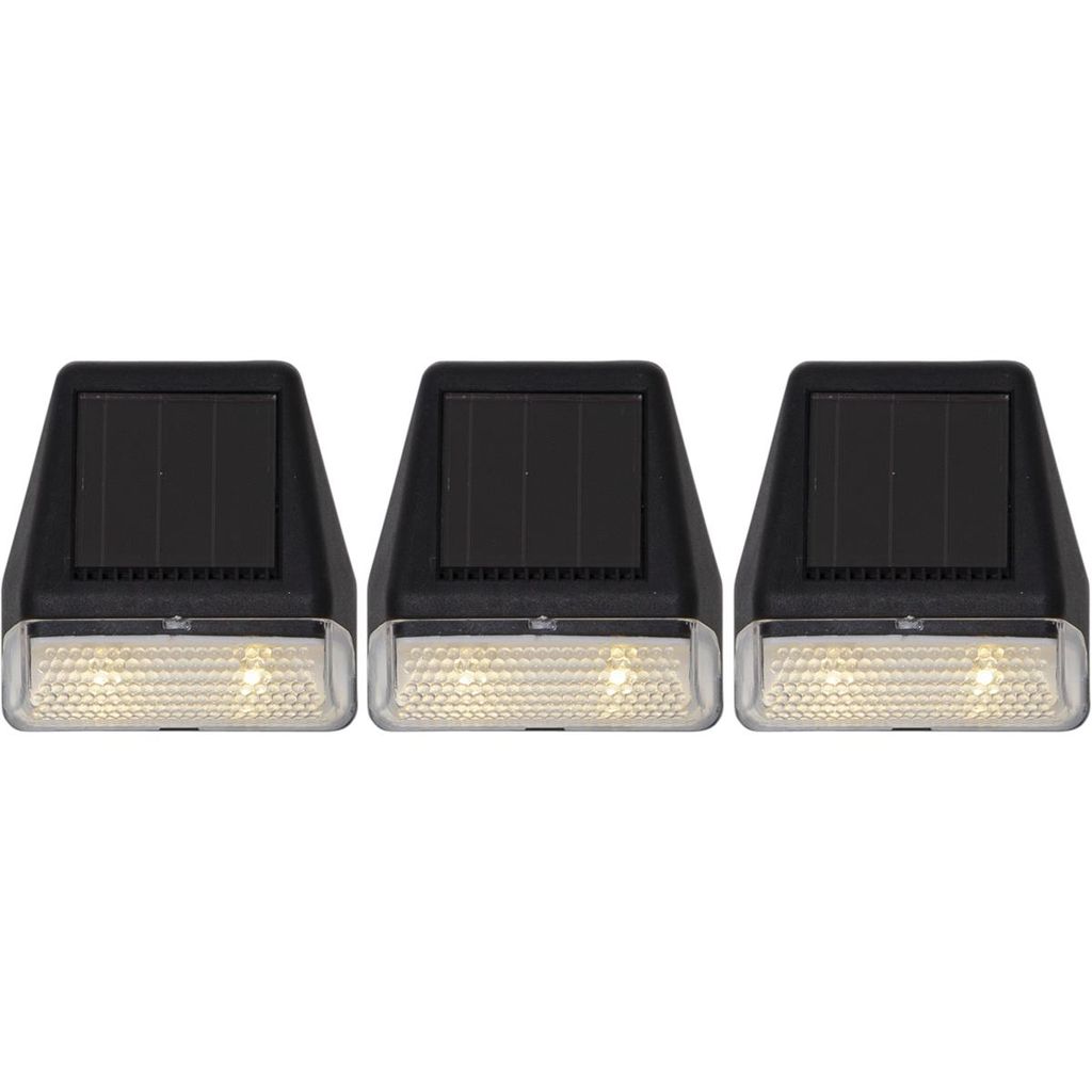 Three black and clear solar-powered pathway lights are arranged in a row against a white background.