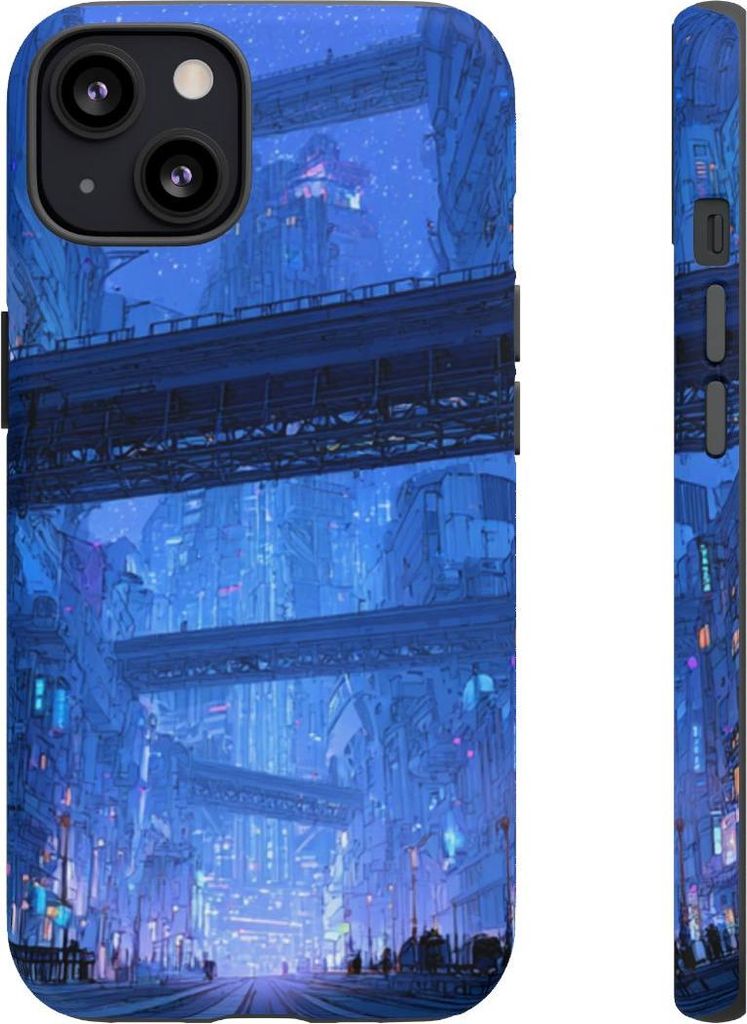 Futuristische blaue Großstadt – Hülle Kompatibel mit iPhone 13
