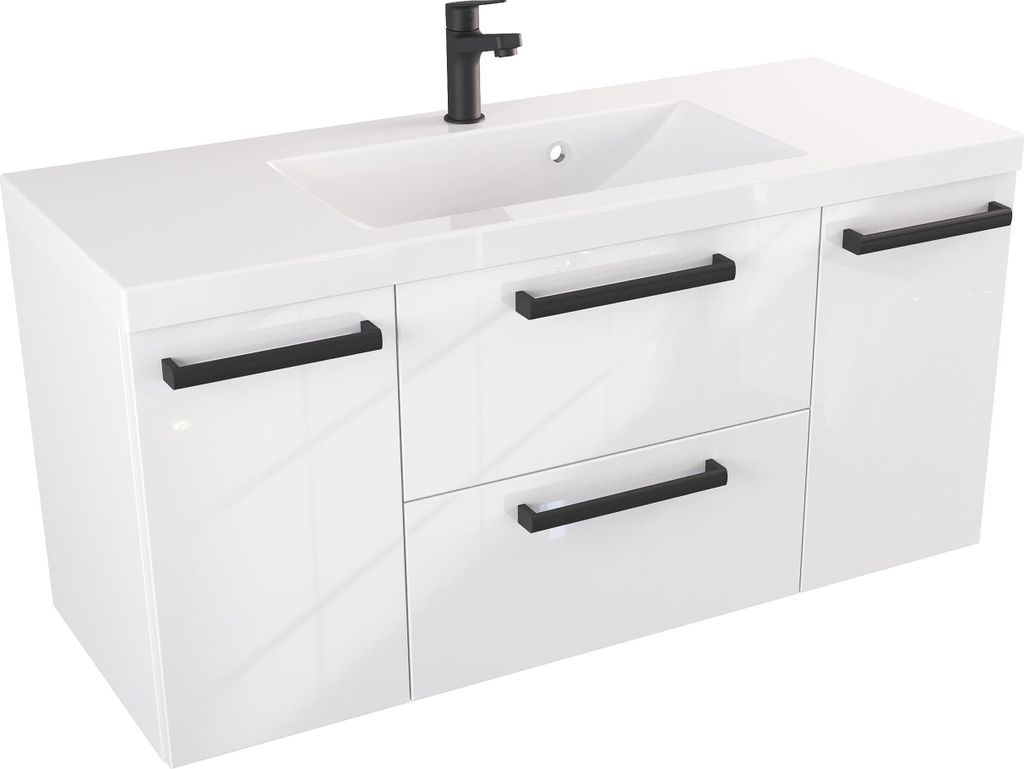 FURNI Waschtischunterschrank ATH 100 cm - Weiß Hochglanz - Hängender Badschrank mit Mineralguss-Waschbecken - Griffe - Vormontiert