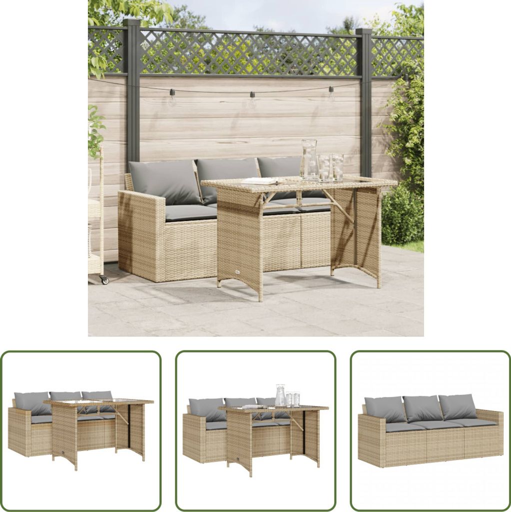 The Living Store 2-tlg. Garten-Essgruppe mit Kissen Beige Poly Rattan