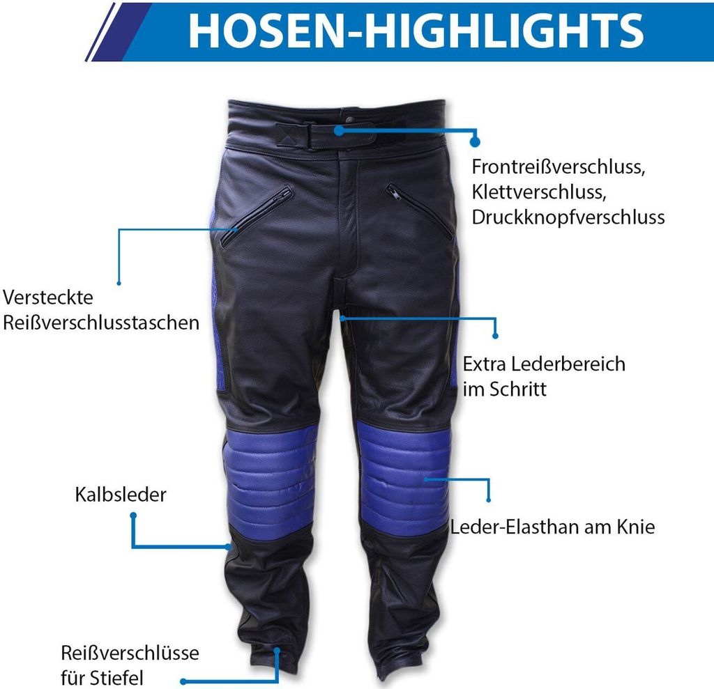 Motorradhose Motorrad Biker Lederhose Rindsleder leder hose Schwarz, Größe:46/XS, Farbe:Dunkelblau