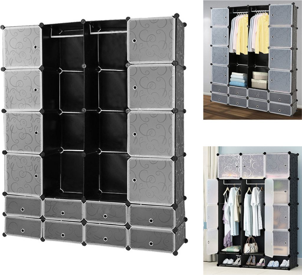 Bettizia 16 Boxen DIY Regalsystem Kleiderschrank Garderobenschrank Schrank Steckregal 142x37x180cm Schwarz und weiß