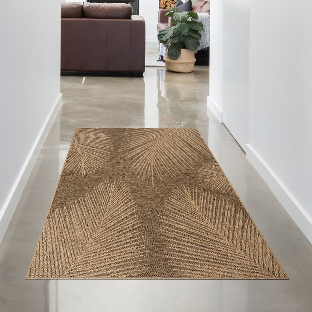 Stilvoller In- und Outdoorteppich im tropischen Blättermuster in Beige Braun Größe - 60 x 180 cm