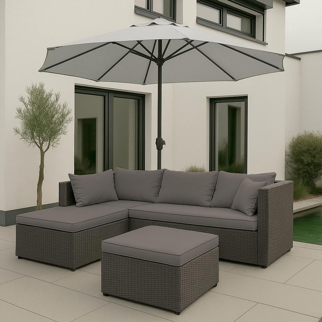 Poly-Rattan Garnitur HWC-O46, Balkon-/Garten-/Lounge-Set Sofa Sitzgruppe grau Polster hellgrau