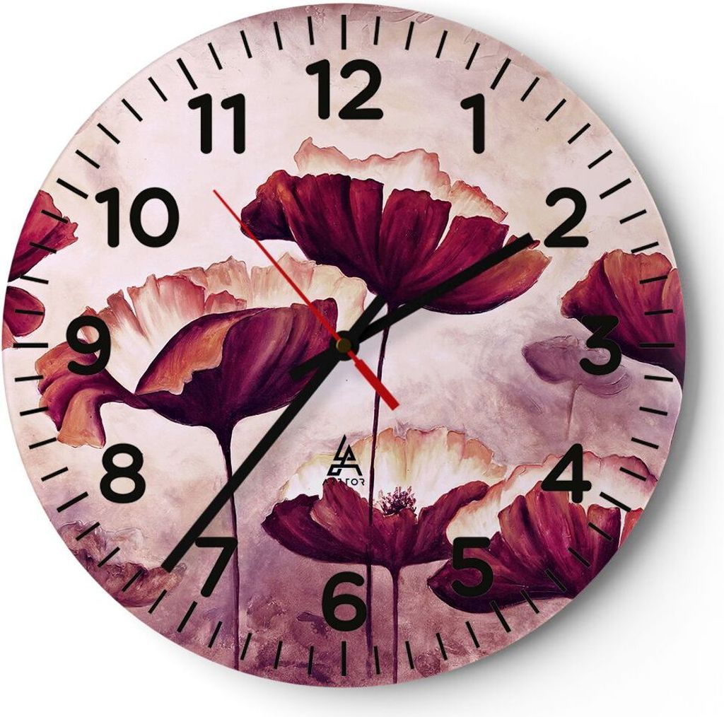Wanduhr - Rund - Glasuhr - Mohn Blume Wiese - 30x30cm - Schleichendes Uhrwerk - Lautlos - zum Aufhängen bereit - Dekoration Modern - Wanddekoratio...