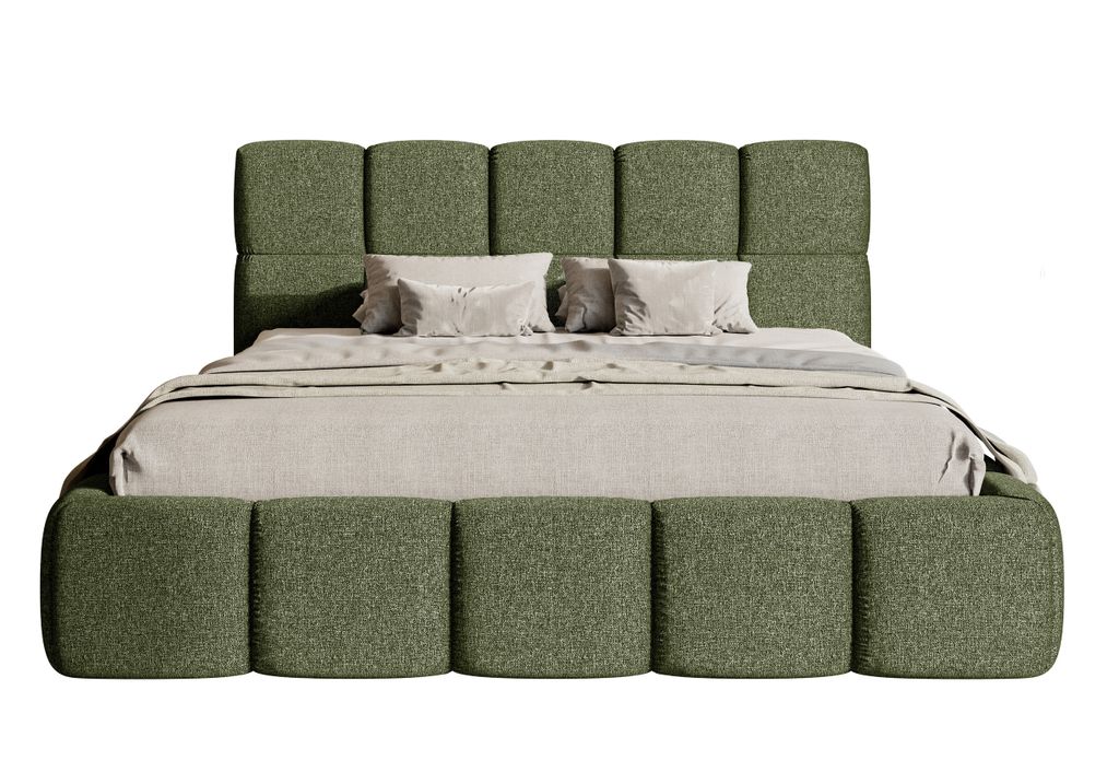A bed with a green upholstered frame and headboard, with beige bedding and pillows.