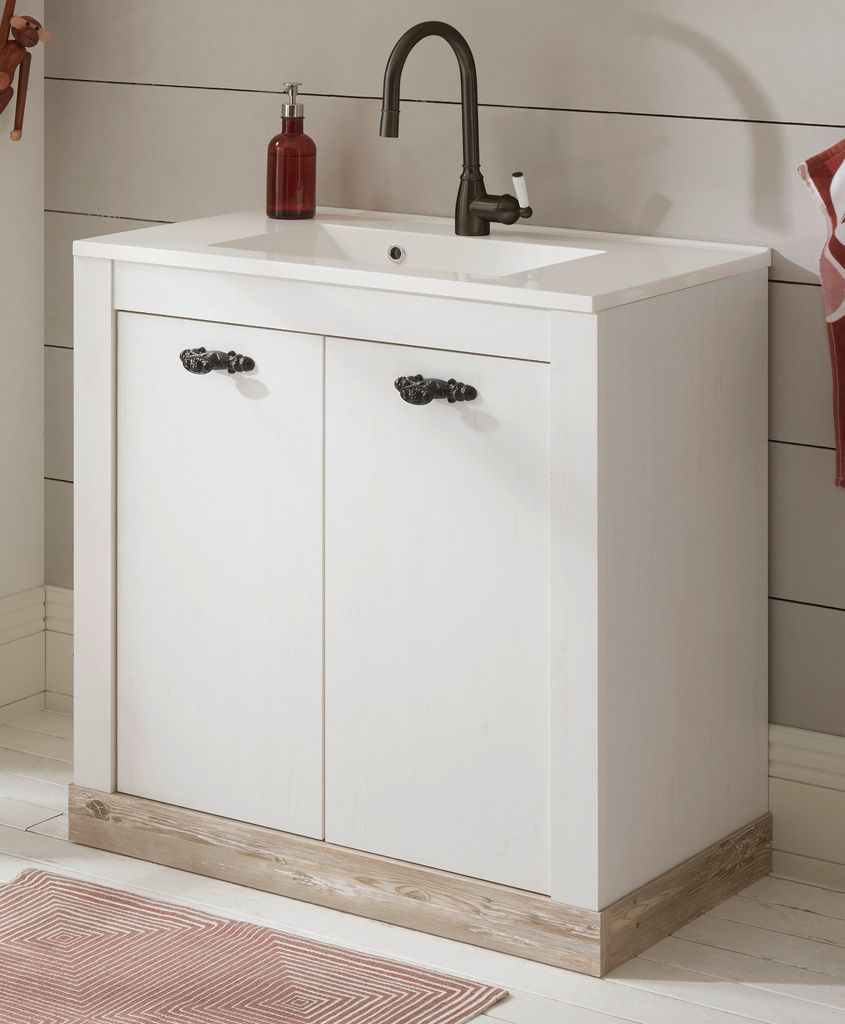 Waschbeckenunterschrank mit Waschbecken "Rovola" in Pinie weiß / Oslo Pinie Waschtisch Set
