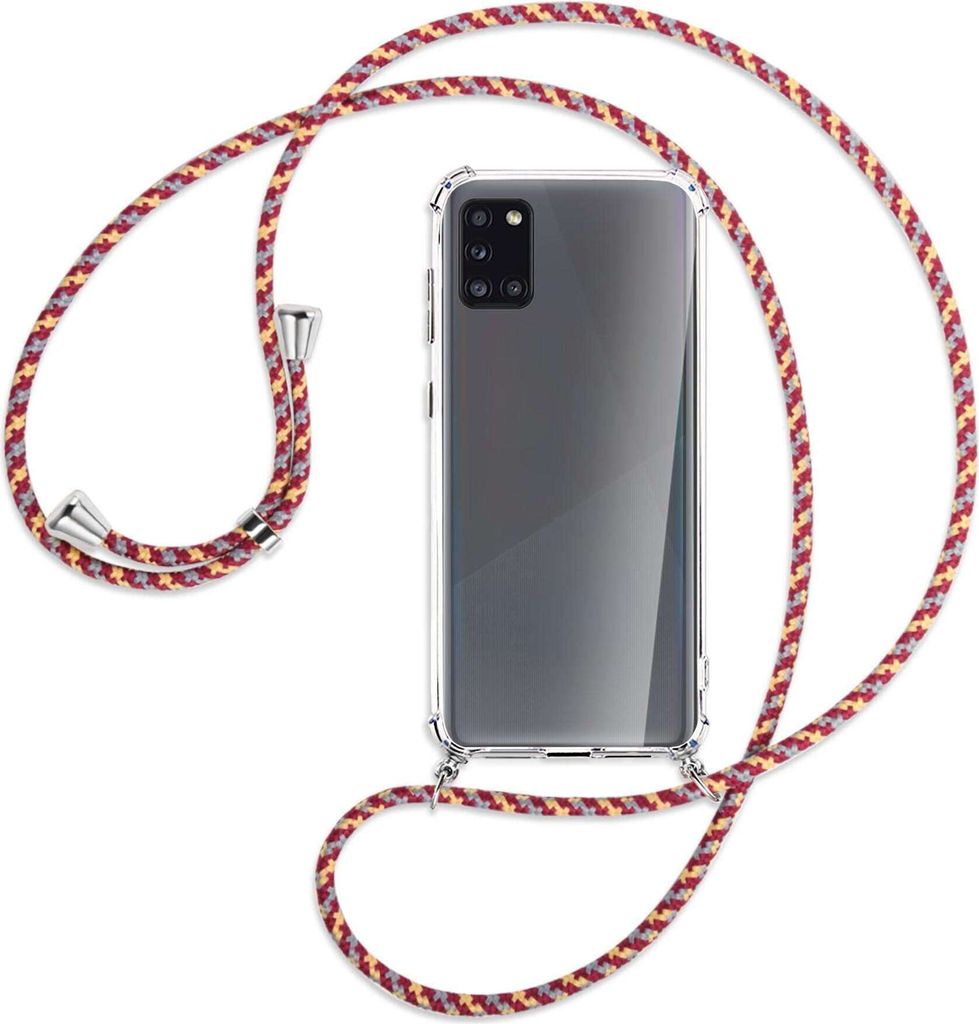 Handykette Backcover-Schutzhülle mit Band (Metall silberfarben) für Samsung Galaxy A31 - weinrot/gelb/grau