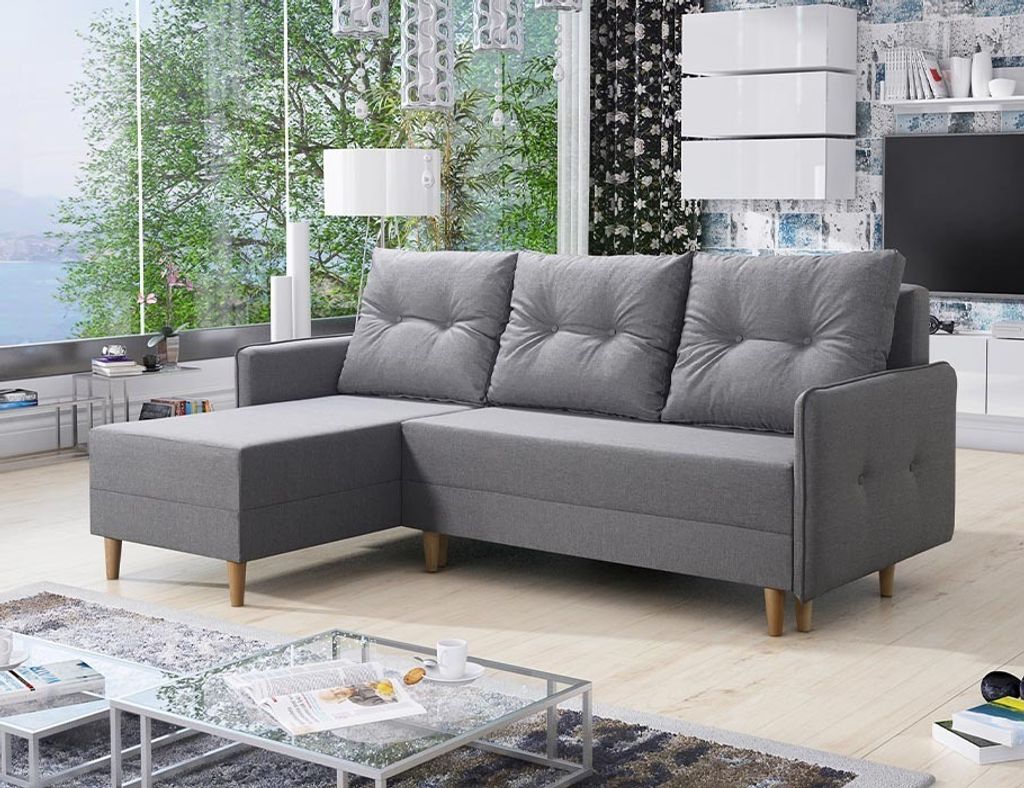 Easy4You Ecksofa FERN Hellgrau L-Form – 222x93x145 cm - Schlafsofa mit Bettkasten und Schlaffunktion - Eckcouch mit Stauraum und Holzfüße, Kiss...