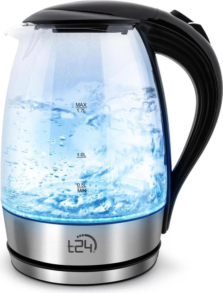T24 LED Glas Wasserkocher 1,7 Liter – 2200 W, Kalkfilter, BPA-frei, Trockenlaufschutz (Silber)