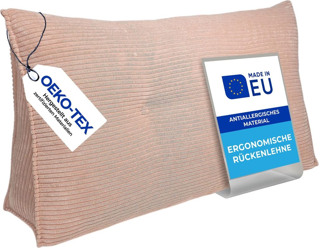 Pillows24 - Rückenkissen für Bett & Sofa mit abnehmbarem, waschbarem Bezug - 160cm breit | Großes Lesekissen - Keilkissen, Cord-Rosa