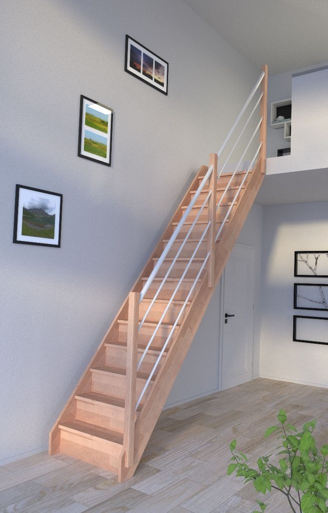 Holztreppe Rhodos in gerader Ausführung-Buche-Holz-Edelstahl Geländer weiß-rechts-mit Setzstufen