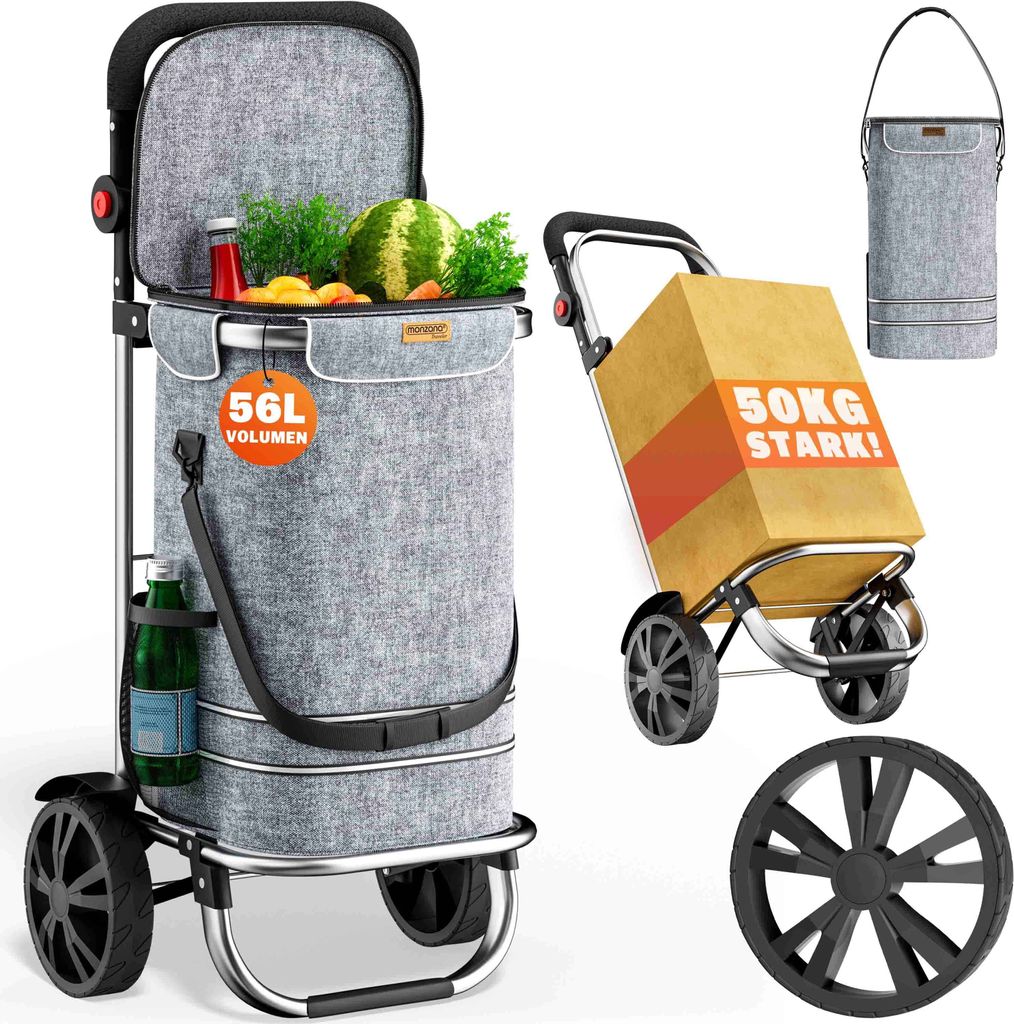 MONZANA 3in1 Einkaufstrolley 56L bis 50 kg klappbar abnehmbare Tasche Handwagen Einkaufswagen Einkaufshilfe Roller Grau