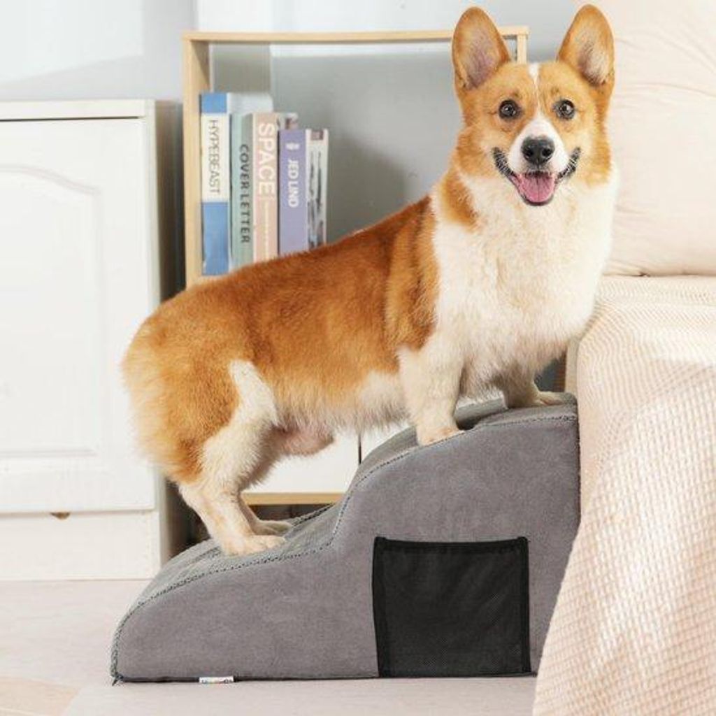Kleine Hunde-2-fach-Treppe mit abnehmbarer Hundebank für Schlafplatz, waschbare Tuch, Katztreppe für ältere Katzen und Hunde (Grau)