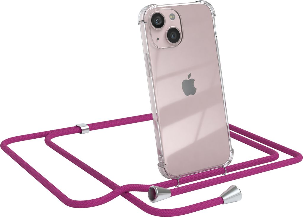 EAZY CASE Handykette kompatibel mit Apple iPhone 13 Mini, Handyhülle mit Umhängeband, Handykordel, Schutzhülle Clear, Band in Rosa