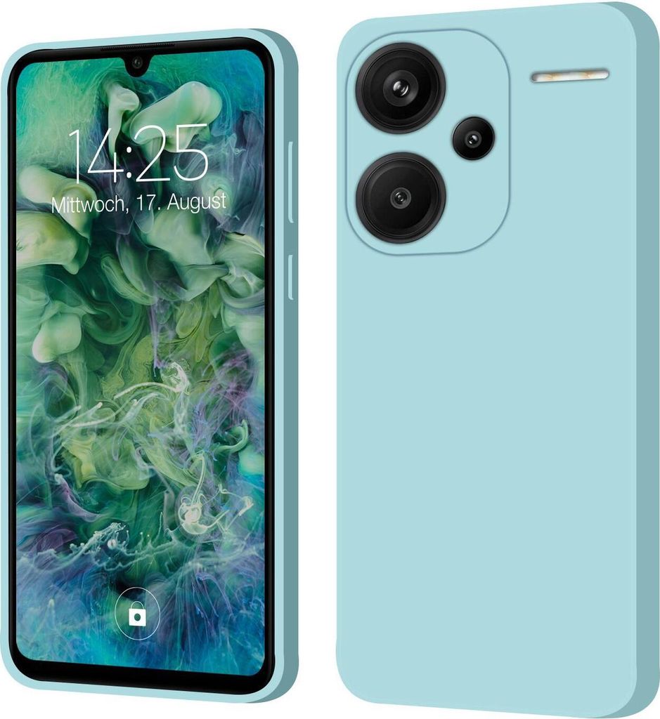 A product image showing a light blue phone case from two angles, with a phone screen displayed in one of the angles.