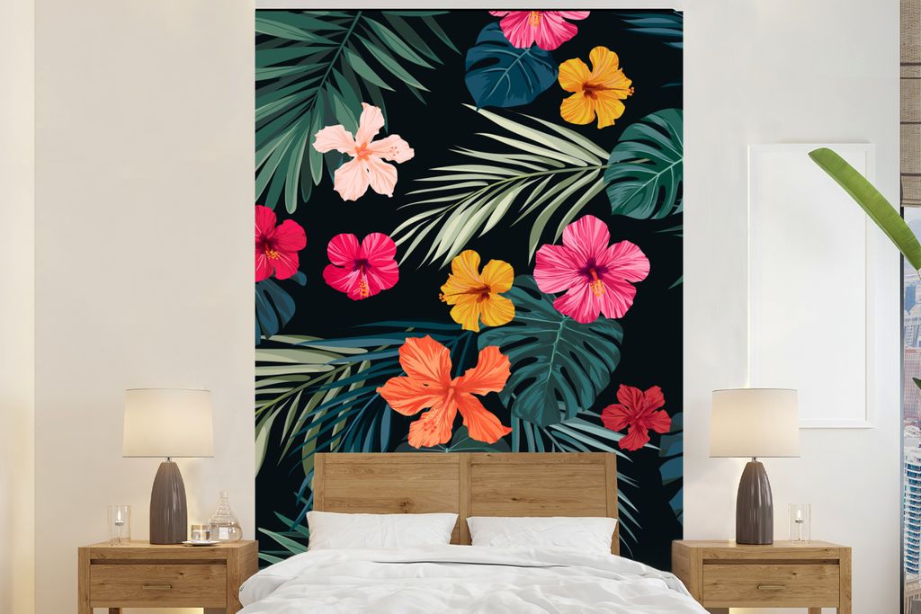 MuchoWow Fototapete für Wohnzimmer oder Schlafzimmer Wandtapete Vinyl Motivtapete Dschungel - Blätter - Blumen - Mädchen - Kind - 200x300 cm -...