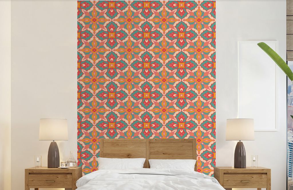 MuchoWow Fototapete für Wohnzimmer oder Schlafzimmer Wandtapete Vinyl Motivtapete Muster - Hippie - Orange - 190x300 cm - Kinderzimmer