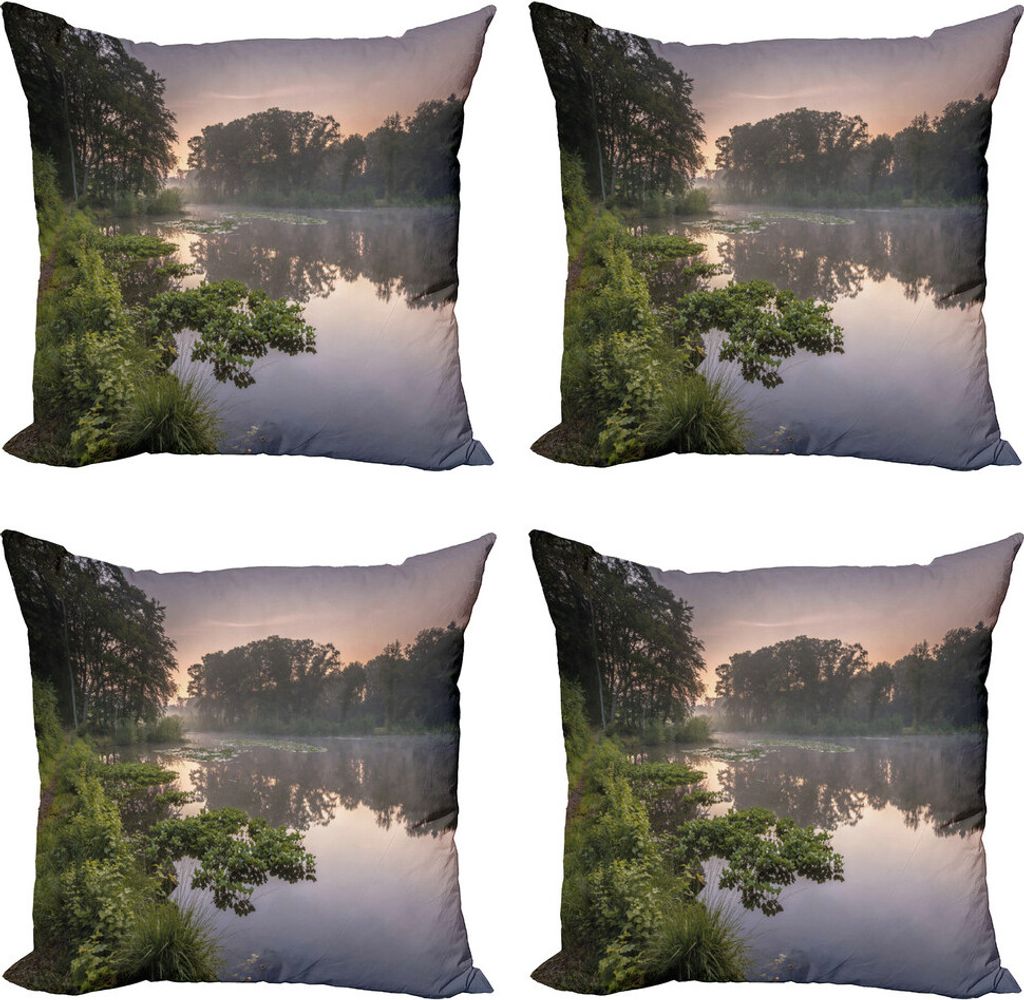 ABAKUHAUS Wald Kissenbezug Set (4 Stück), See Natura Niederlande, Moderner Doppelseitiger Digitaldruck, 50 cm x 50 cm, grüne Purplegrey