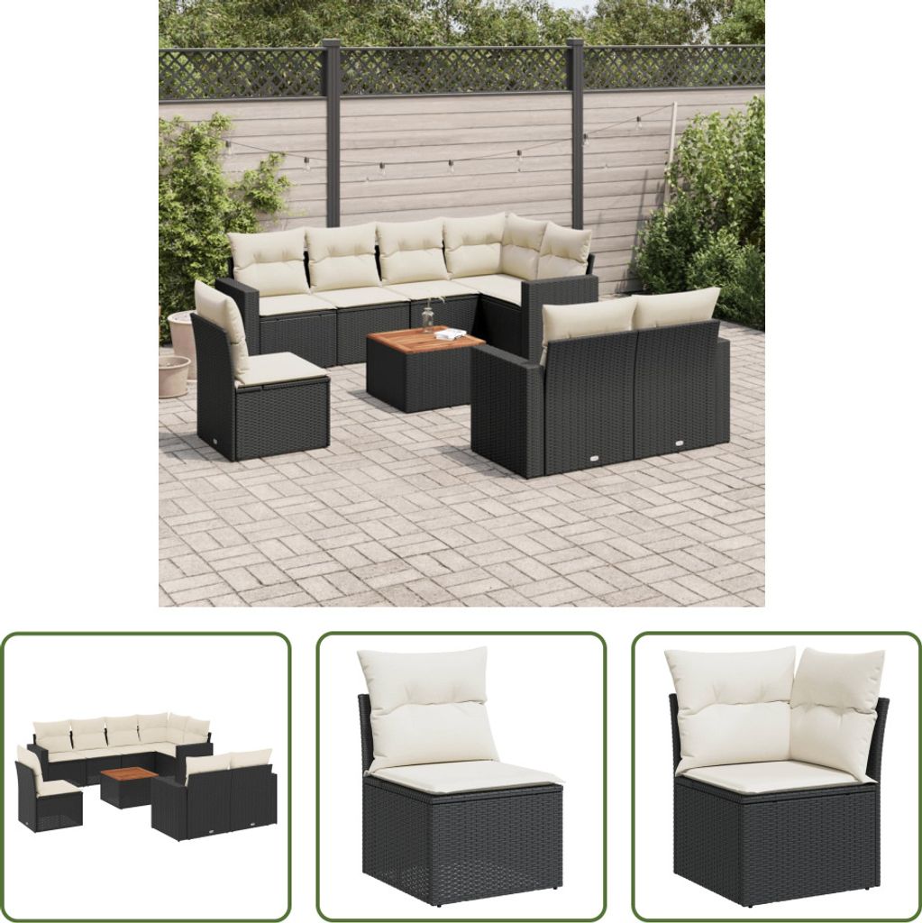The Living Store 9-tlg. Garten-Sofagarnitur mit Kissen Schwarz Poly Rattan