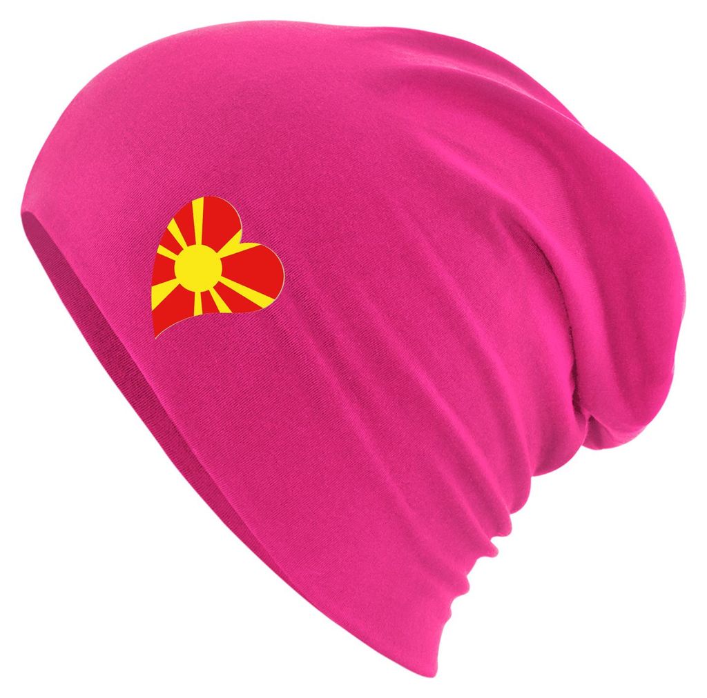 Huuraa Beanie Mazedonien Flagge Herz Fuchsia One Size Baumwolle und Elasthan Mütze Geschenkidee