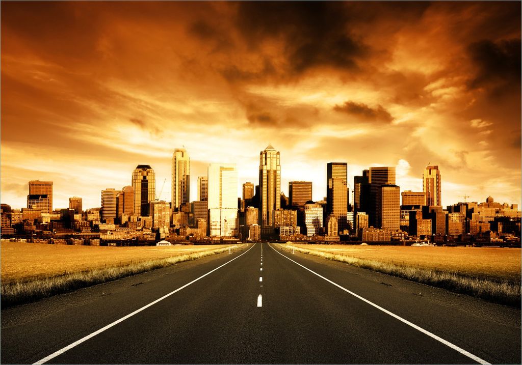 Wallario selbstklebendes Poster - Skyline am Ende der Straße, Größe: 70 x 100 cm