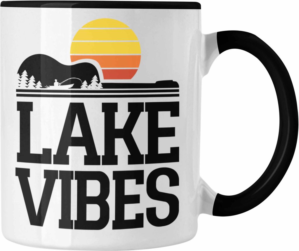 Trendation - Geschenkidee Angler Musiker Tasse mit Grafik See Gitarre Geschenk (Schwarz)