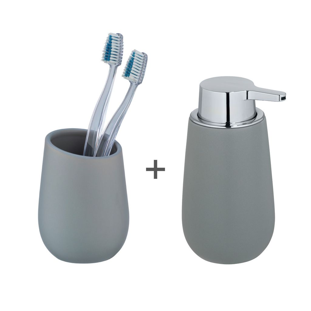 WENKO Waschtisch-Set Mod. Badi, 2-teiliges Bad-Accessoire Set mit 1x Seifenspender nachfüllbar mit bis zu 320 ml Flüssigseife, 1 x Zahnputzbecher...