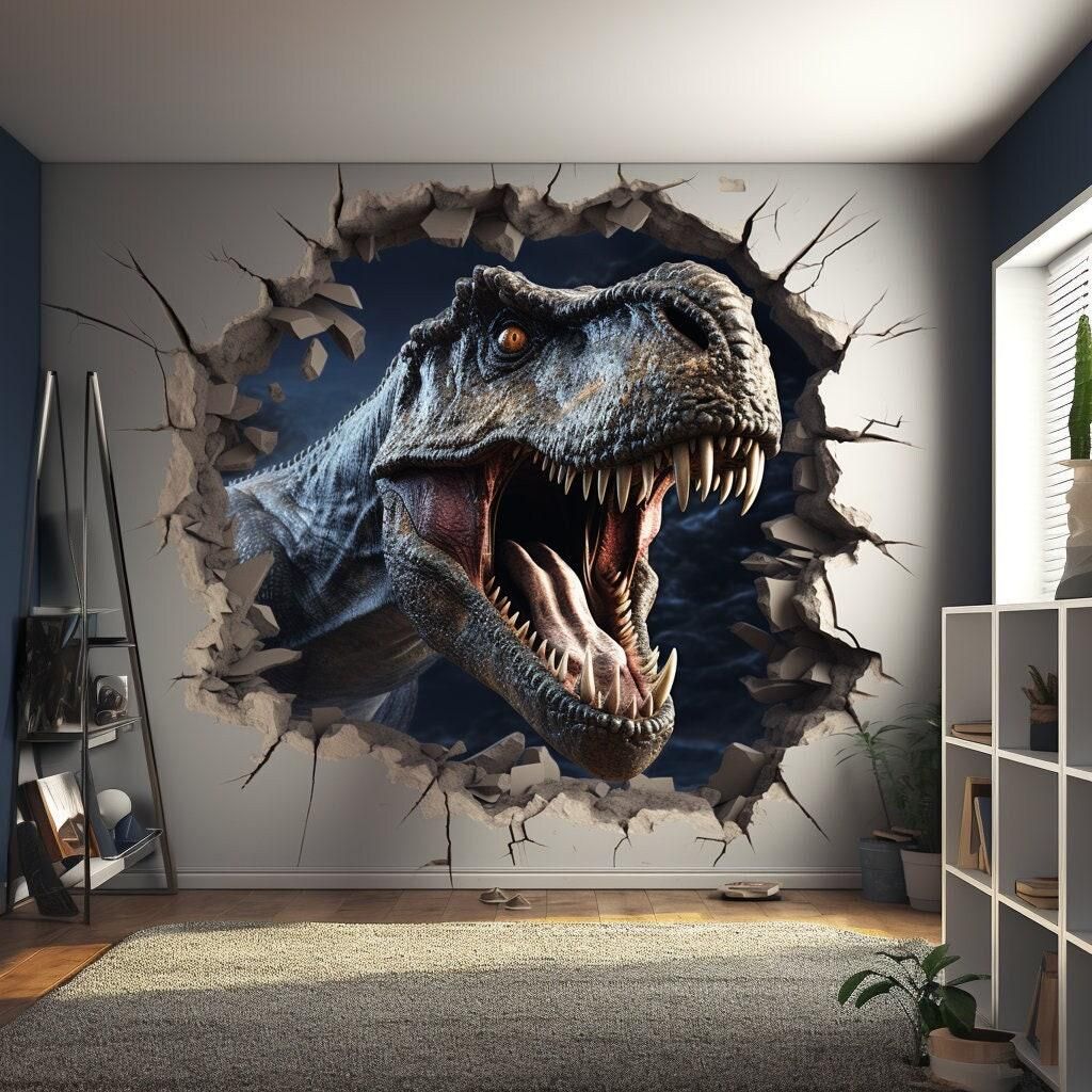Dinosaurier im aufgebrochenen 3D-Wandloch – Decords Wandtattoo, Produktansicht 1