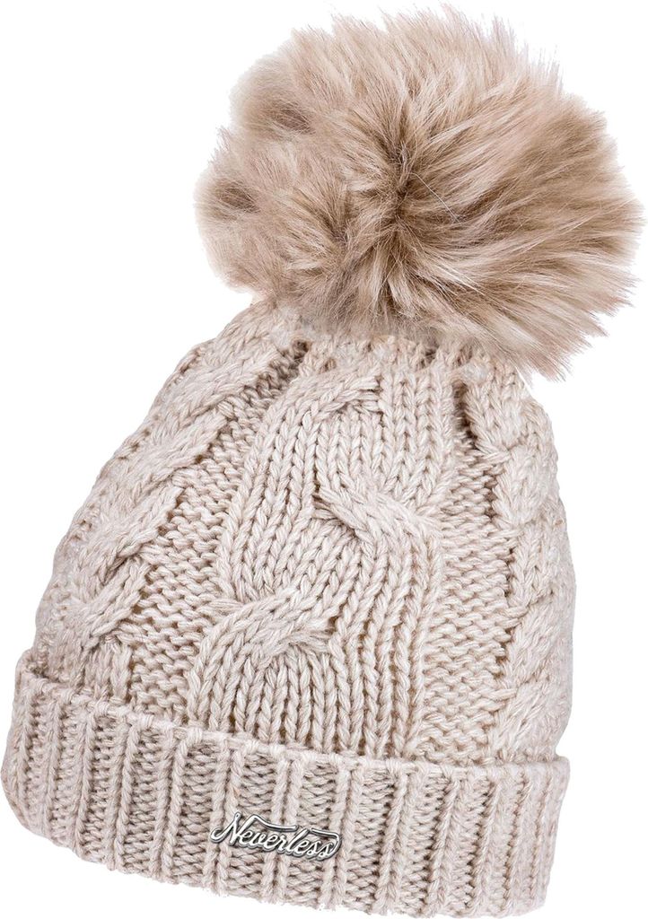 Damen Strickmütze mit Bommel Grobstrick Pudelmütze mit Fellbommel Fake Fur Wintermütze Neverless