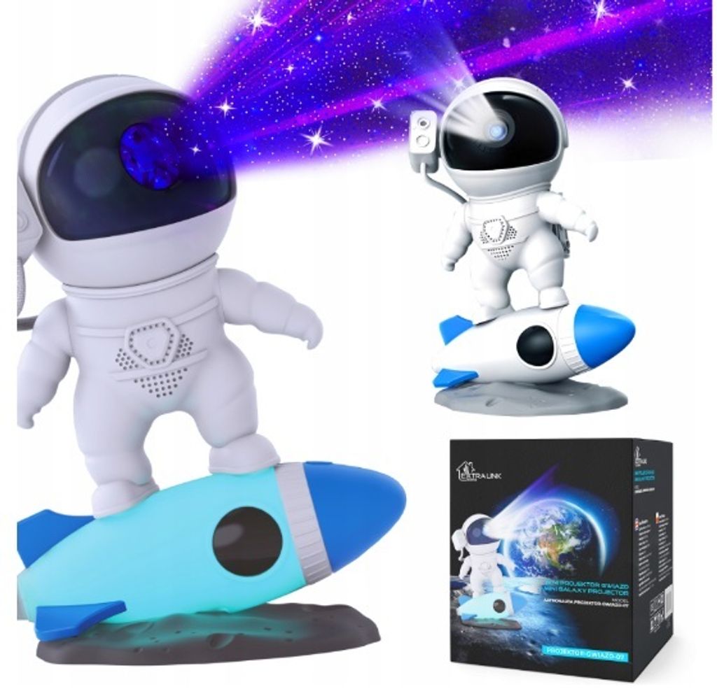 A collage of product images showing a star projector shaped like an astronaut on a rocket, and its packaging.