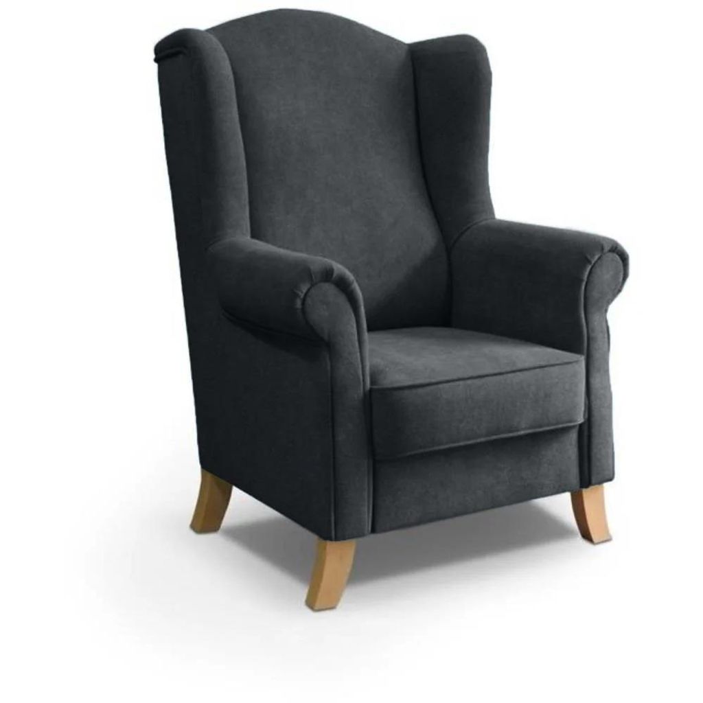 Ohrensessel LEONARDO Relax Sessel für Wohnzimmer, Polstersessel, Plüsch Dunkelgrau, Holzbeine Buche