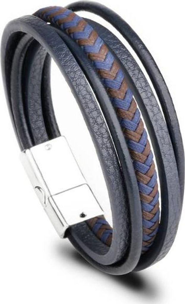 Mehrlagiges Armband aus marineblauem Leder und geflochtener Kordel, 23 cm