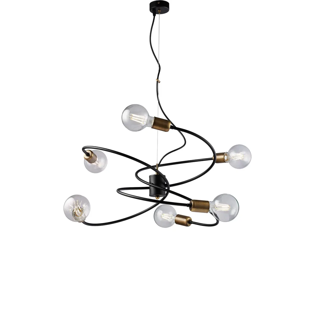 Lustre suspension design Vortex 6 lampes d.55 cm laiton et acier noir