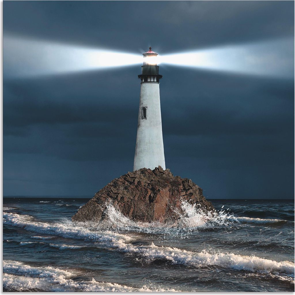 ARTland Wandbild Alu für Innen & Outdoor Bild von Leuchtturm mit Lichtstrahl Größe: 50x50 cm