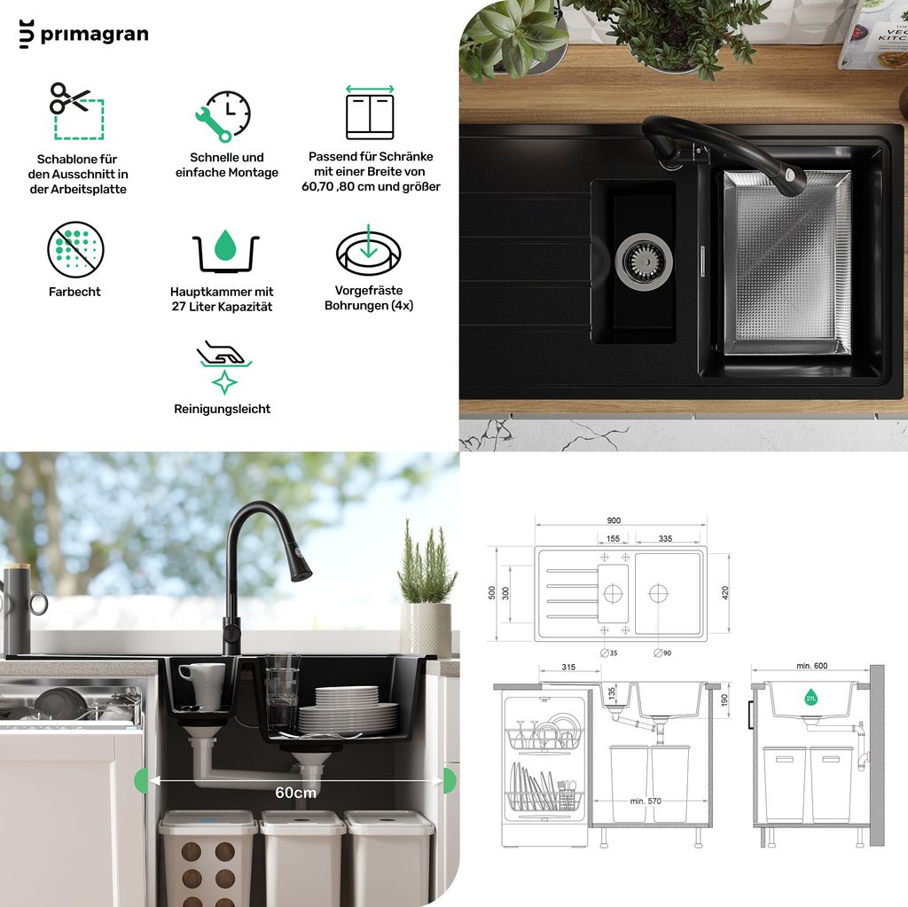 Granitspüle Schwarz 90 x 50 cm, Spülbecken + Ablauf-Set, Produktbild 6