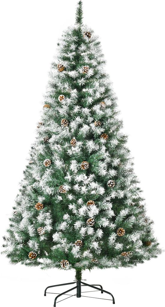 Künstlicher Weihnachtsbaum, 800 Zweige, 61 Zapfen, verschneite Spitzen, feuerfest, 180 cm