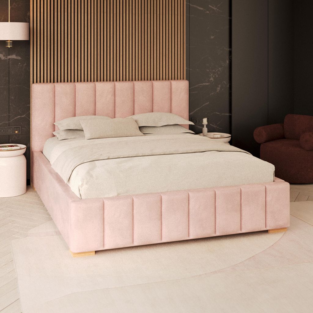 FDM Bett DENTON Trinity 120x200 cm Polsterbett mit Lattenrost mit Matratze Kaltschaum SELECT MAX aus Metall Bettkasten Stauraumbett Samt rosa