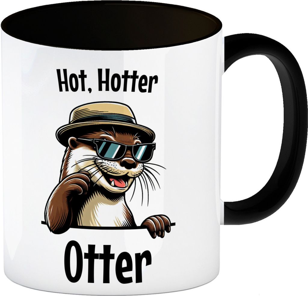 Cooler Otter Kaffeebecher in schwarz mit Spruch Hot Hotter Otter