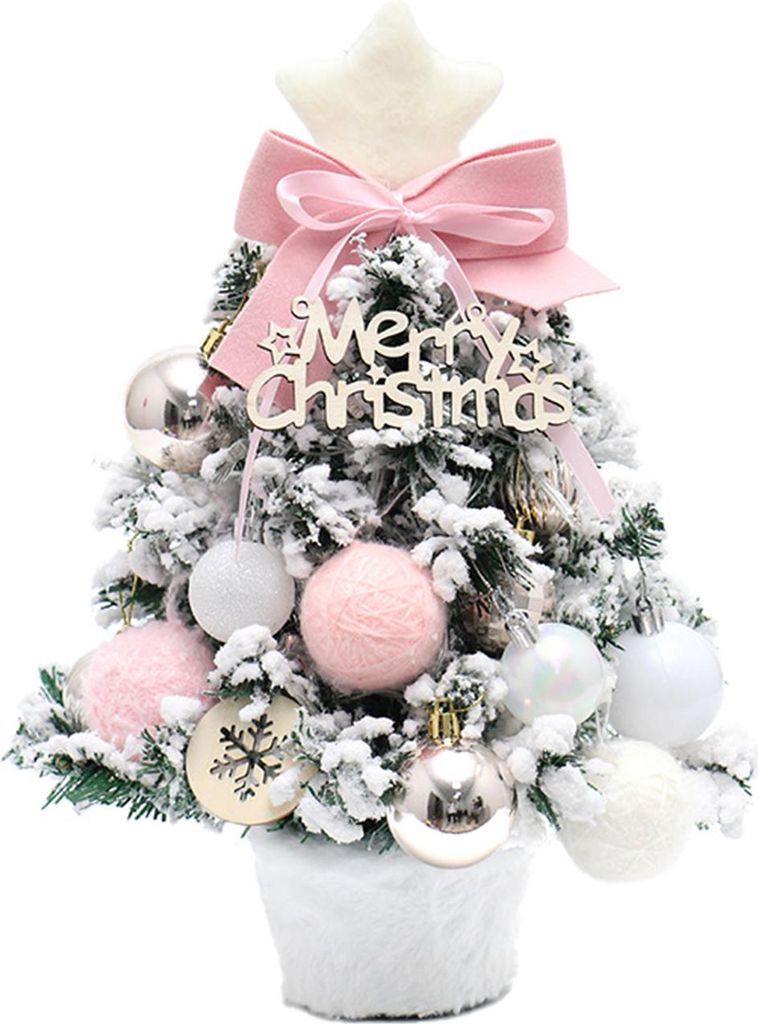 Mini-Weihnachtsbaum mit Schneebeflockung, künstlicher Tischweihnachtsbaum mit LED-Lichtern, kleine Kiefer mit Kugeln und Schleife für Schreibtisc...